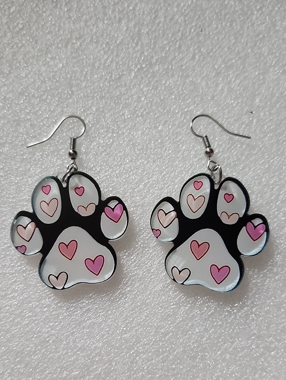 Hand Crafted Black & White Paw Print Earrings with Pink Hearts